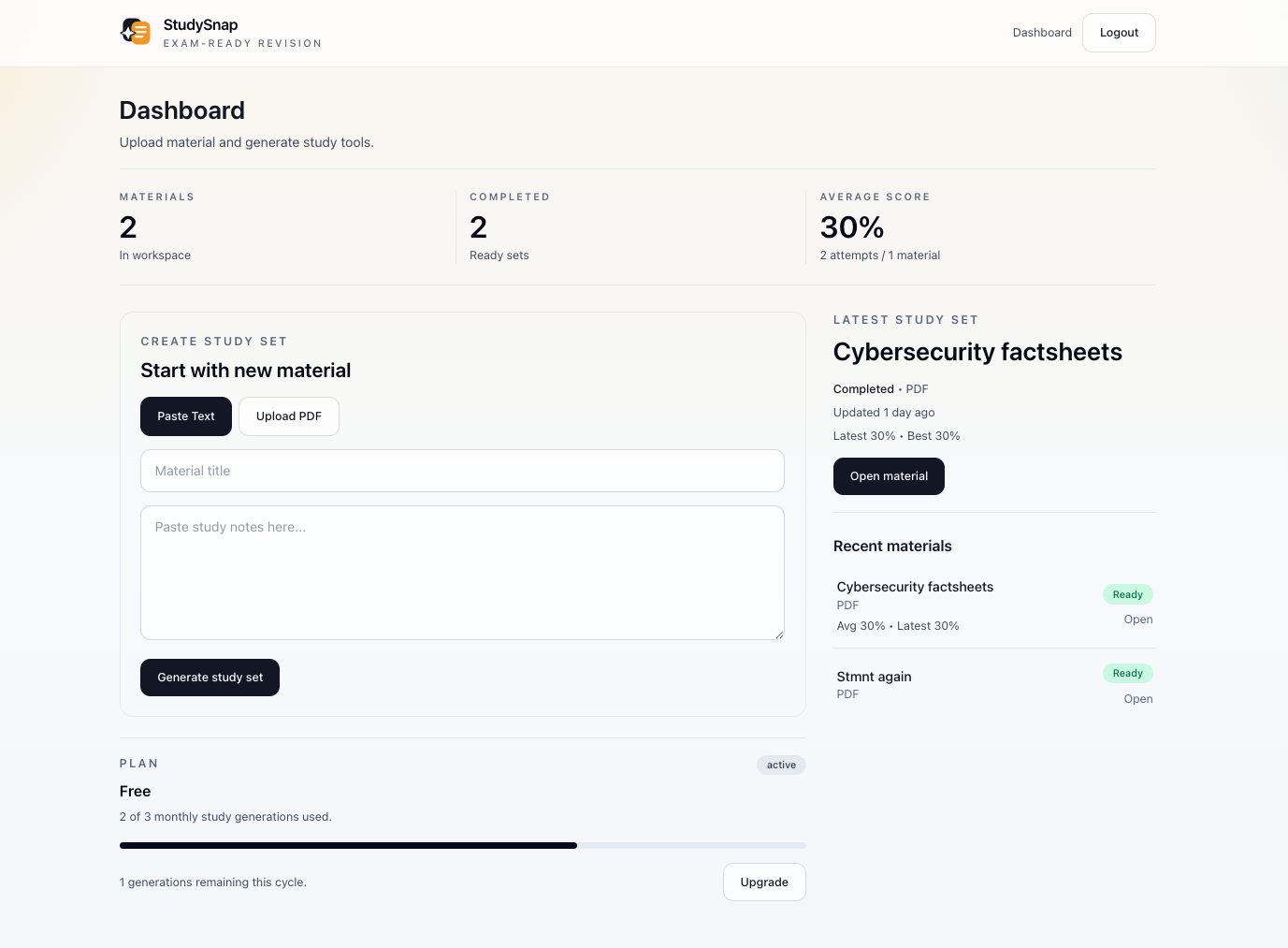 StudySnap dashboard preview